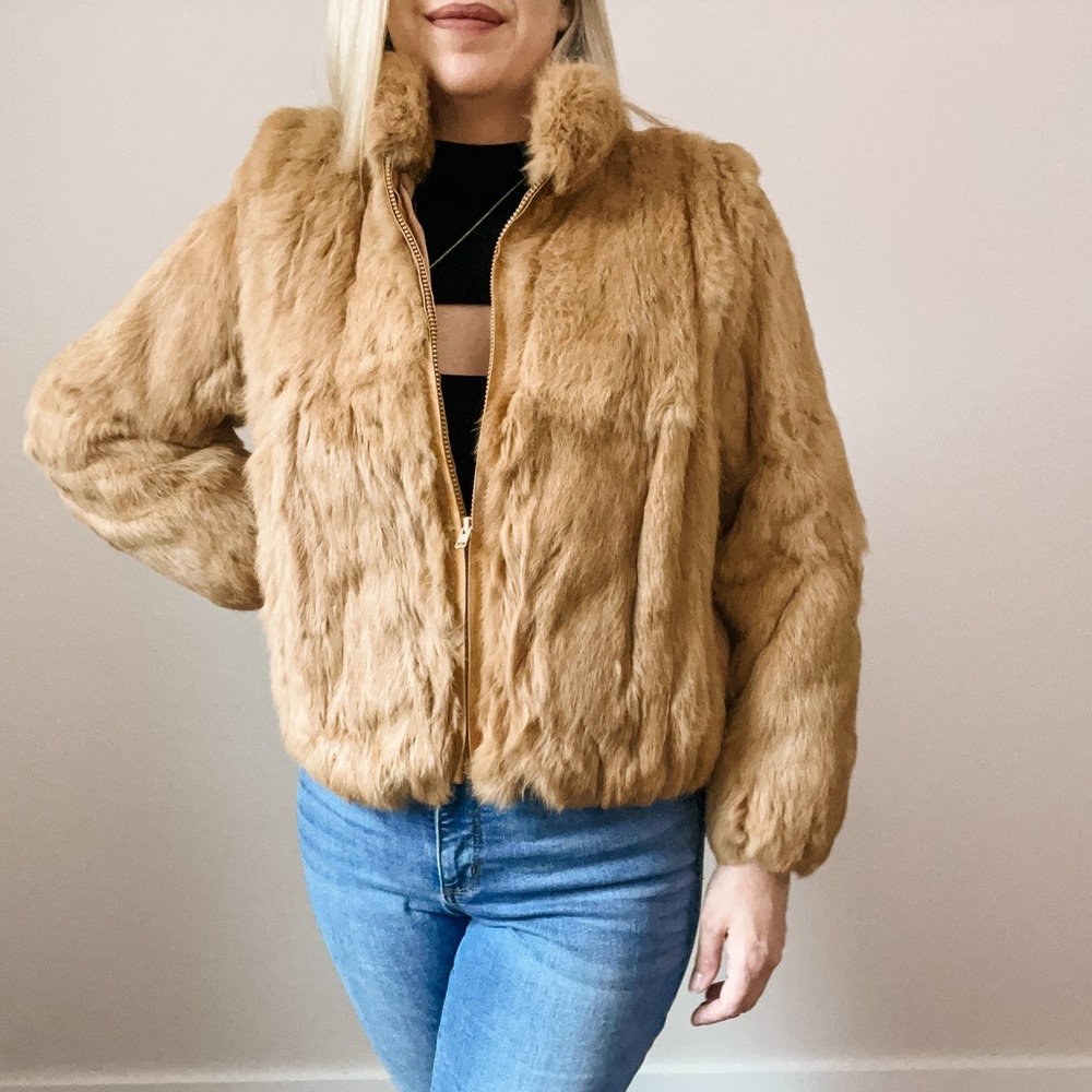 Vintage Camel Tan Genuine Rabbit Fur Natural Bomber Coat